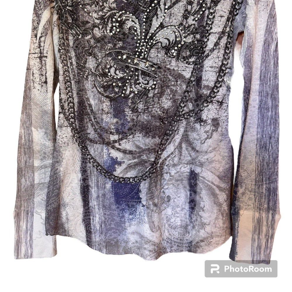 Cache Y2K White Long Sleeve Black Blue Tribal Rhinestone Waffle Knit Henley M - Picture 3 of 11